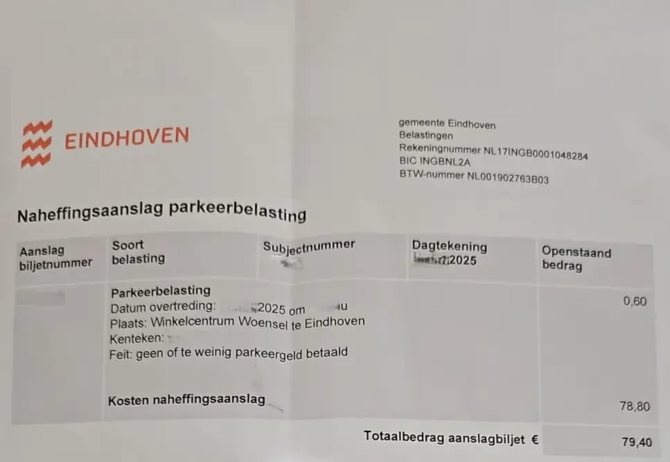 Parkeerboete naheffingsaanslag Eindhoven winkelcentrum Woensel